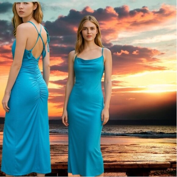 Blue ribbed spaghetti strap draped cowl neck open crisscross back ruched dress M - Picture 1 of 13